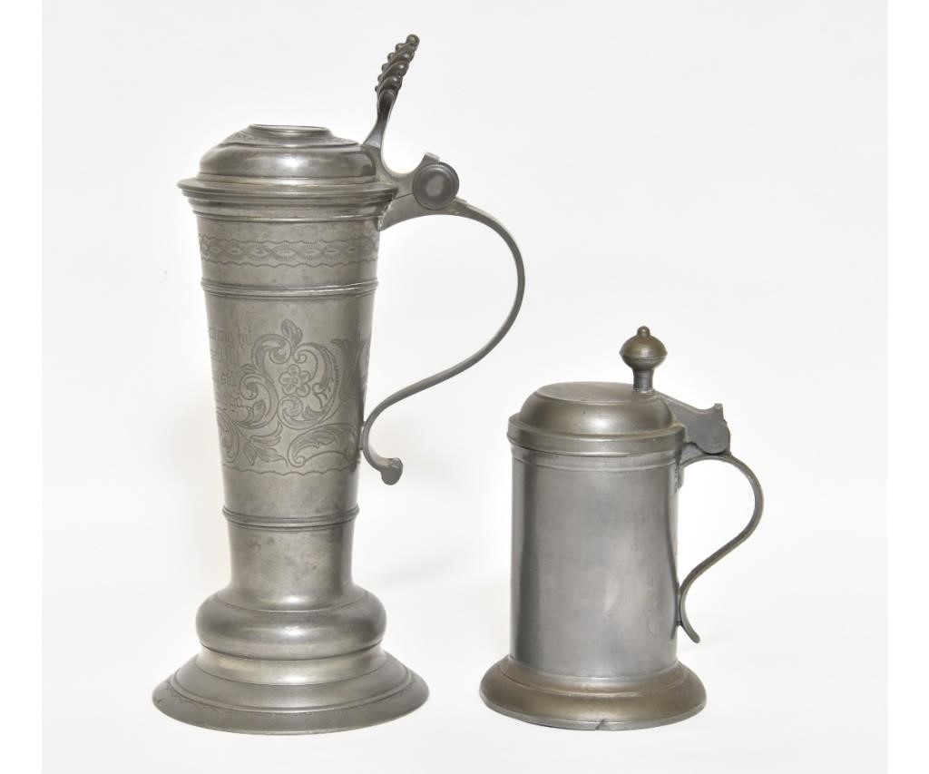 Large pewter flagon, the lid with