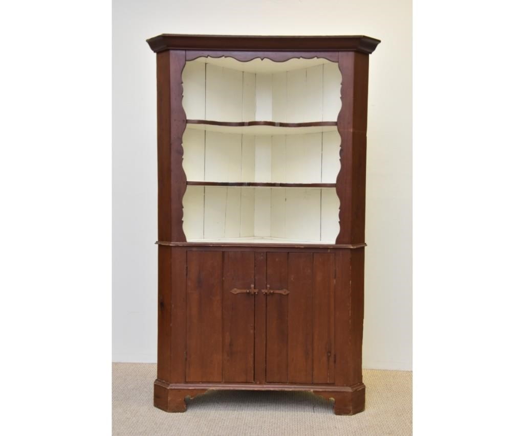 Country open pine corner cupboard,