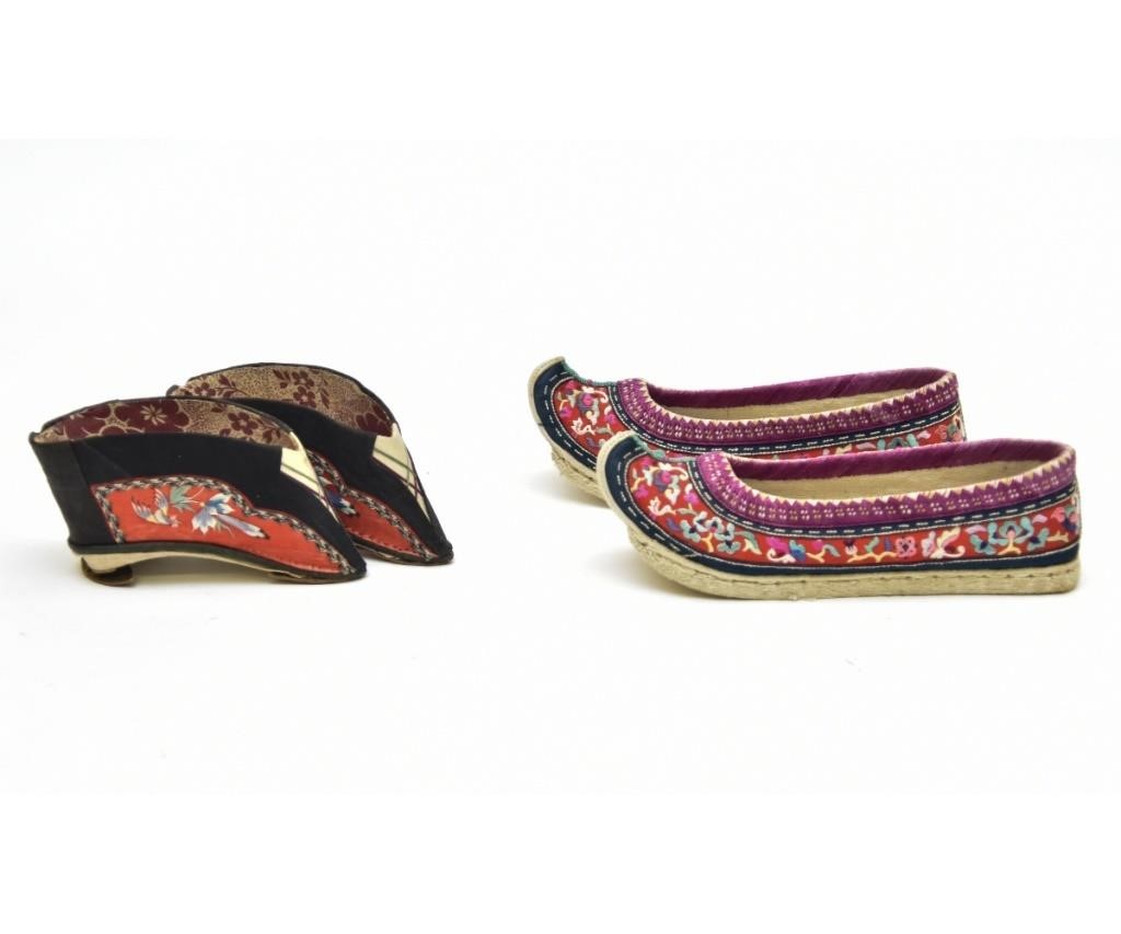 Two pair of delicate Chinese silk shoes,