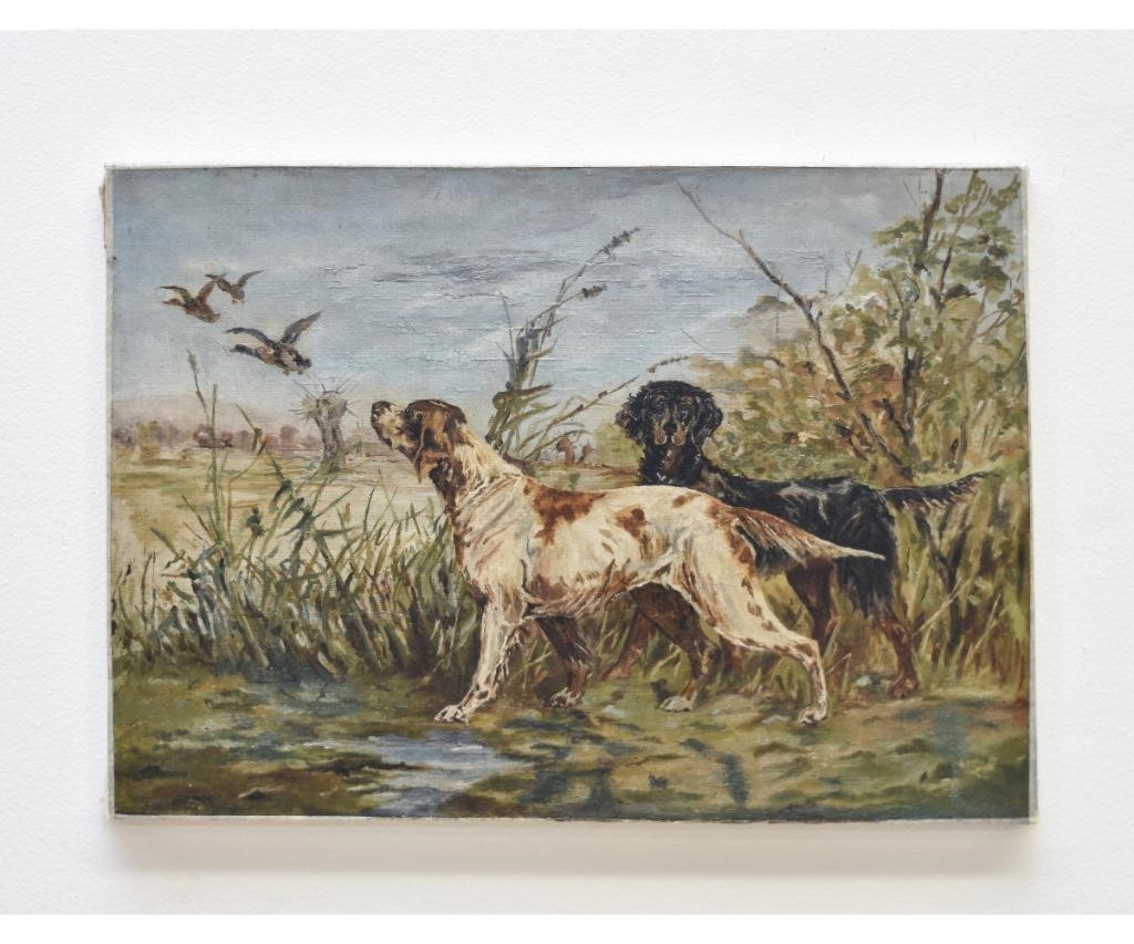 Unframed oil on canvas of bird dogs,