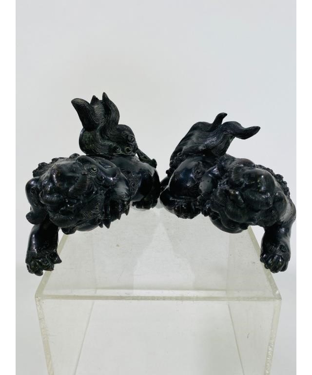 Pair of Japanese bronze foo dogs, probably