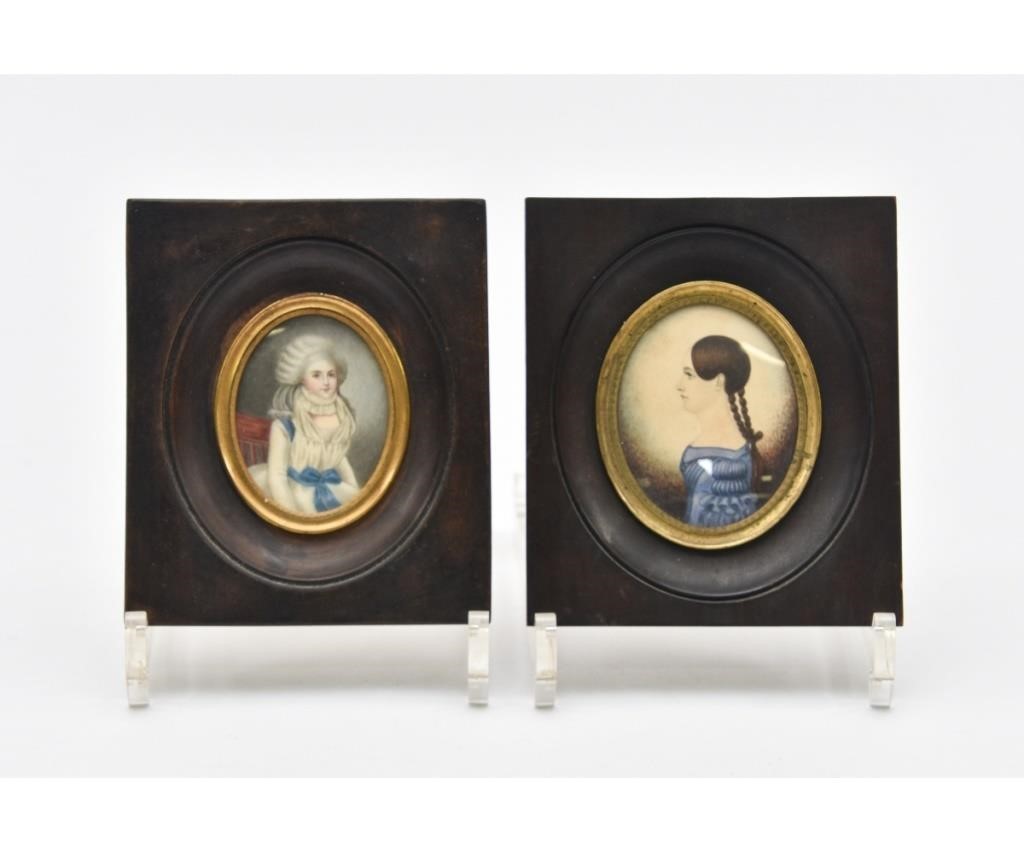 Two miniature hand-painted oval portraits,