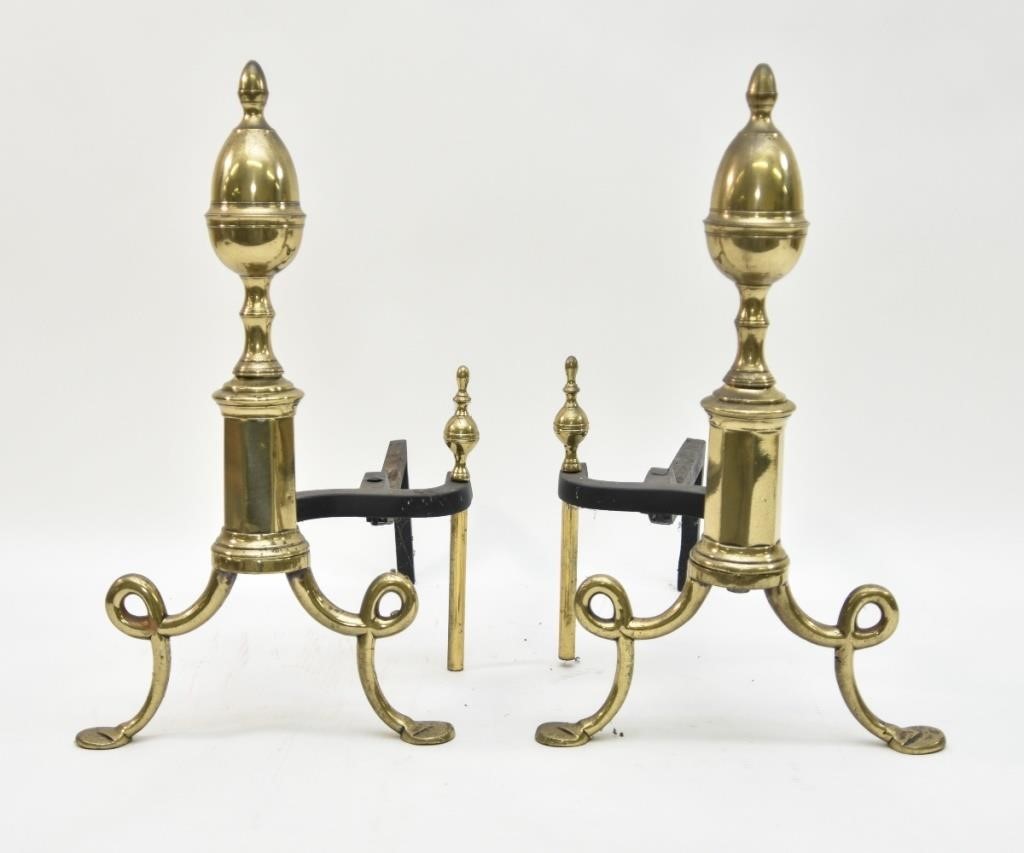 Large pair of brass lemon top andirons  28b1d3