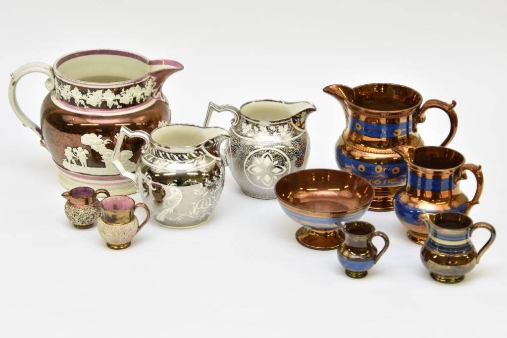Collection of copper Lustre pitchers 28b329