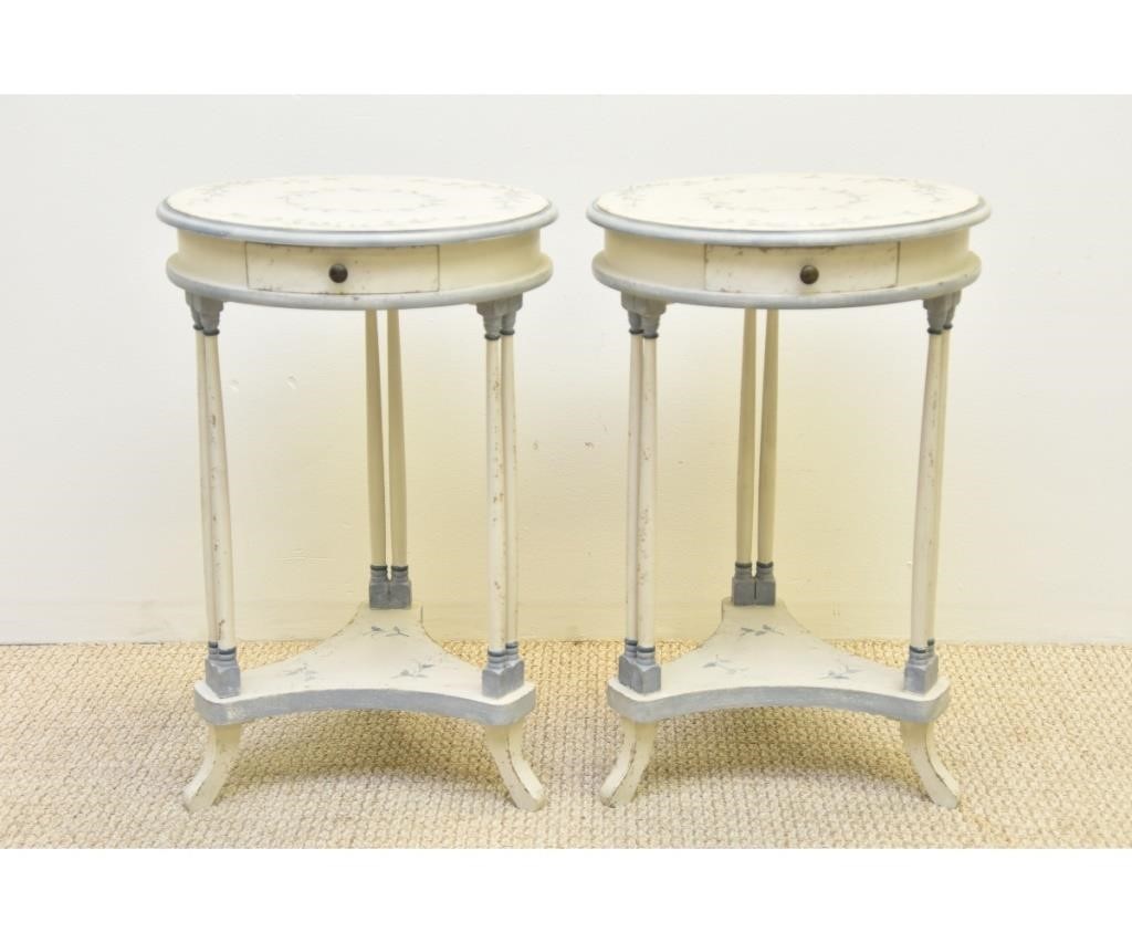 Pair of paint decorated round end tables,