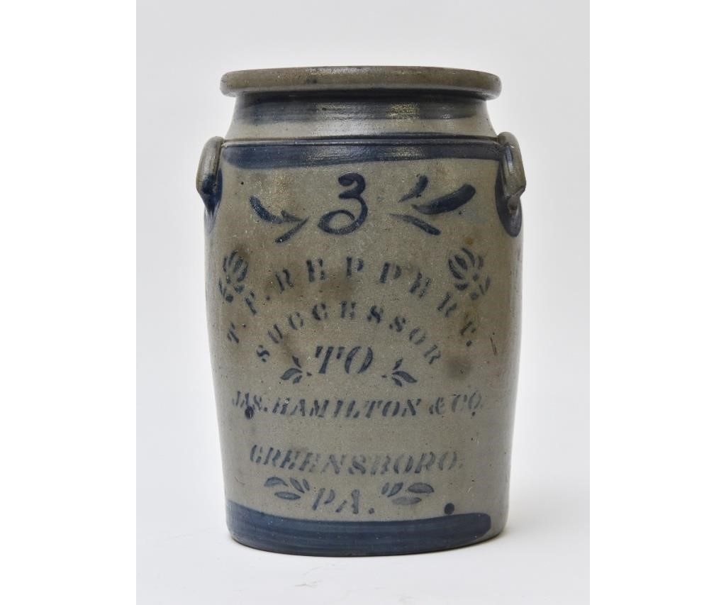 Three gallon stoneware crock "T.P.