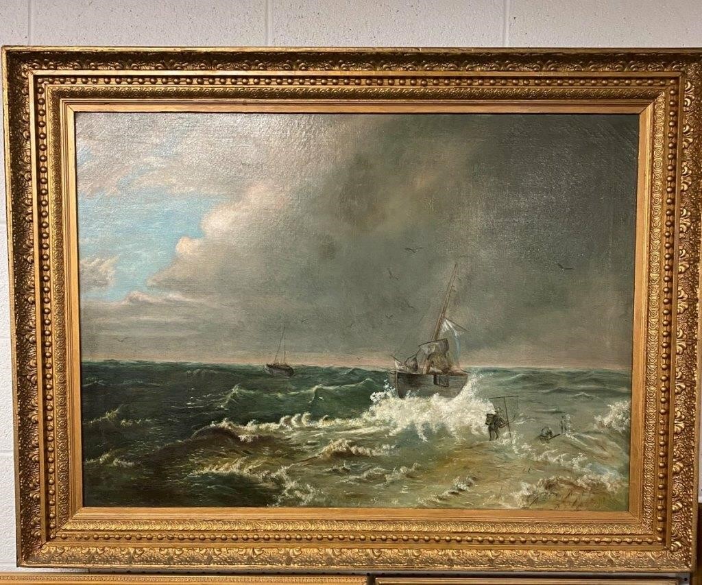 Large oil on canvas fishing boat