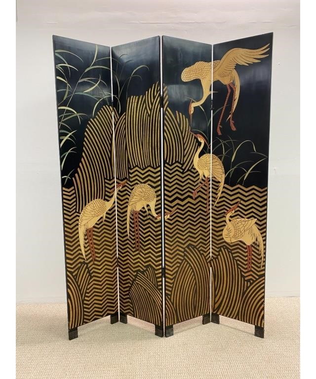 Asian black lacquered four-part screen