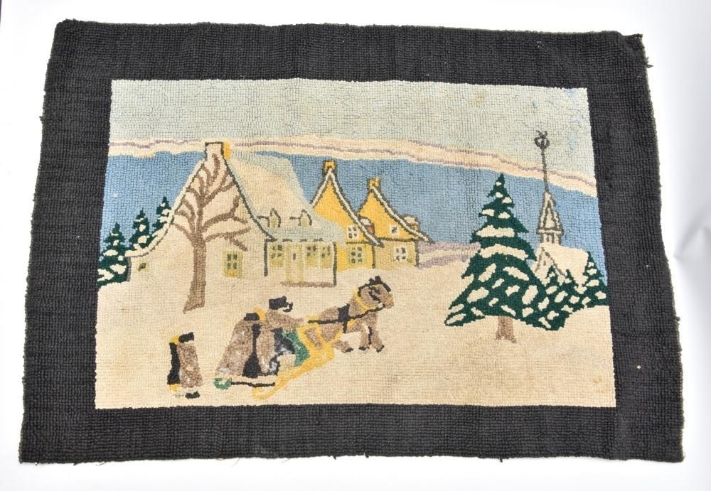 Pictorial hooked rug, village snow