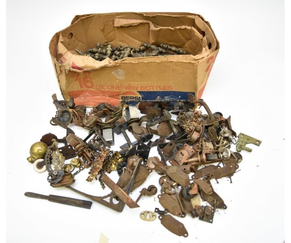 Two boxes of brass pulls, shutter