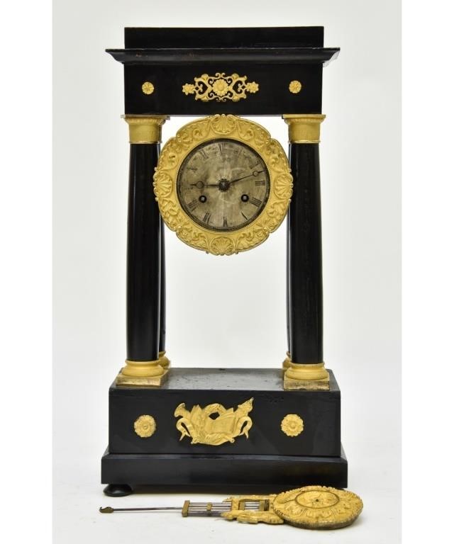 French portico clock, black lacquered