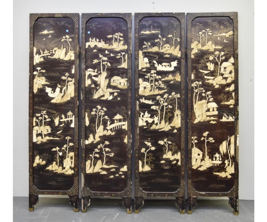 Chinese four panel lacquered screen