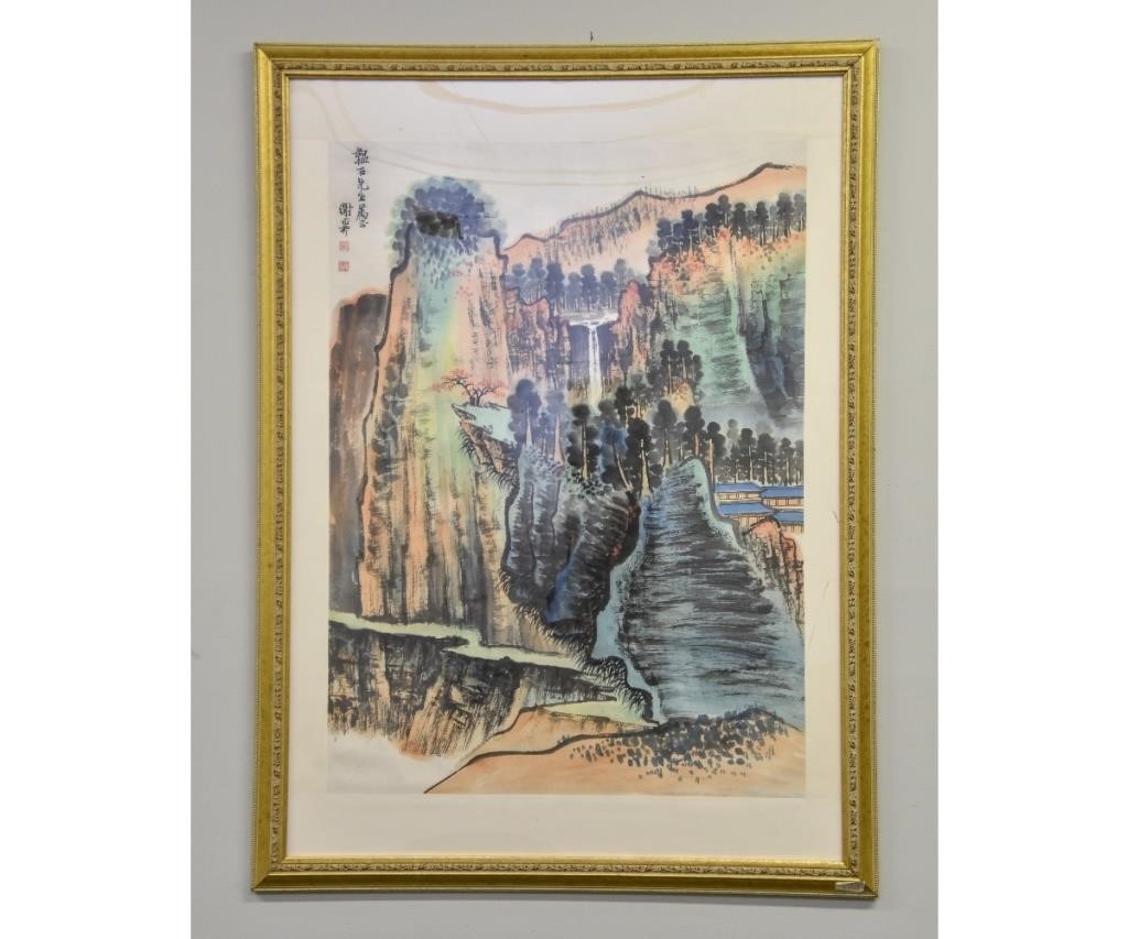 Chinese watercolor mountain waterfall