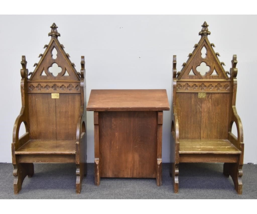 Pair of oak Gothic style church chairs