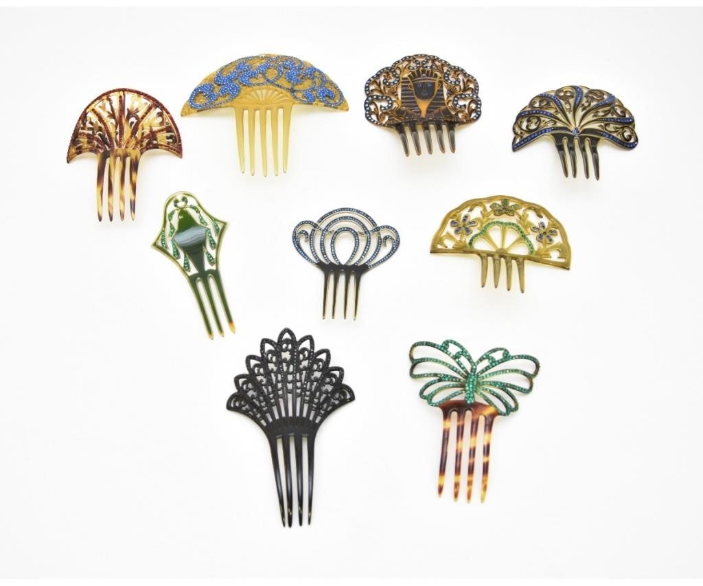 Eight celluloid/plastic hair combs,