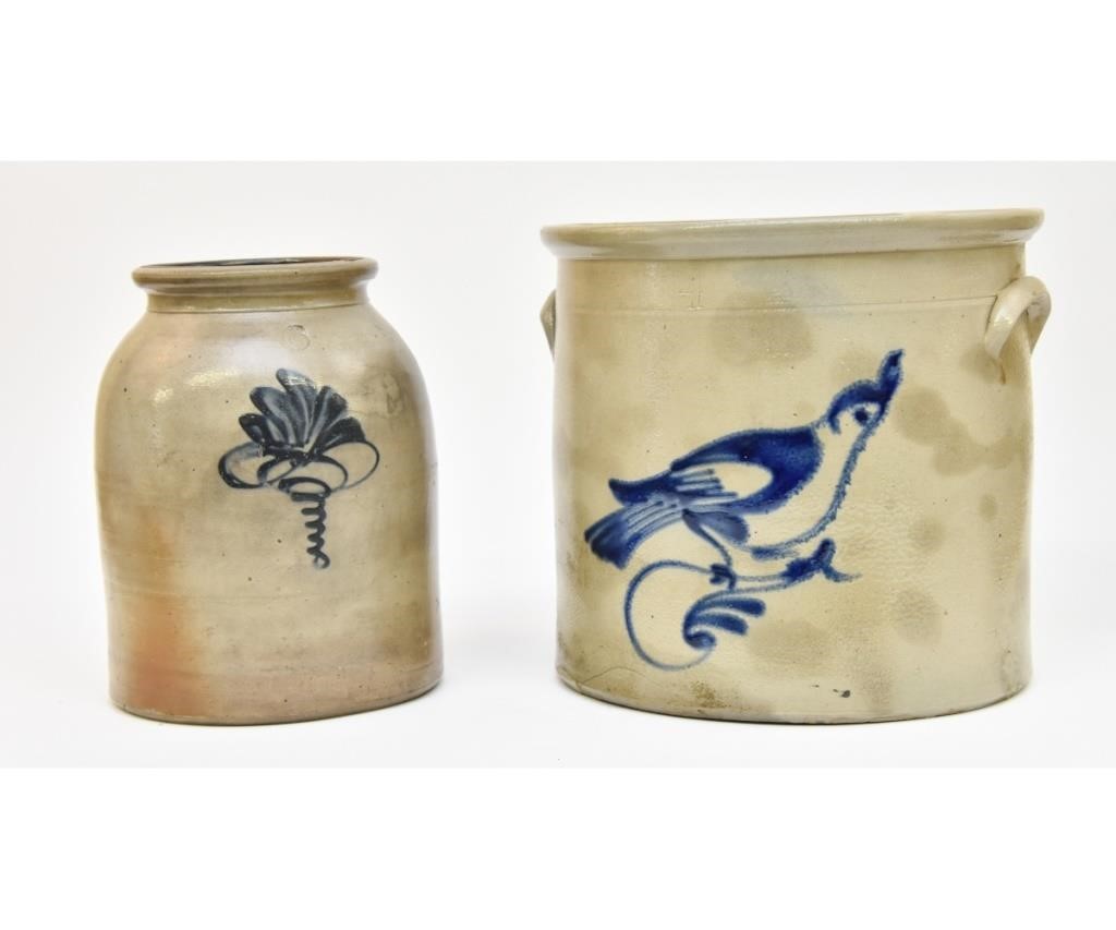 Four gallon stoneware crock with bird