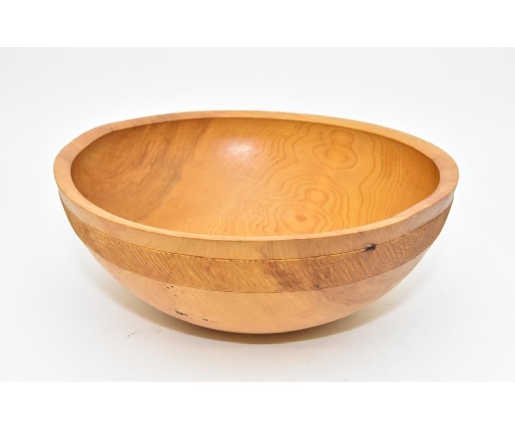 Large American elm wood bowl signed