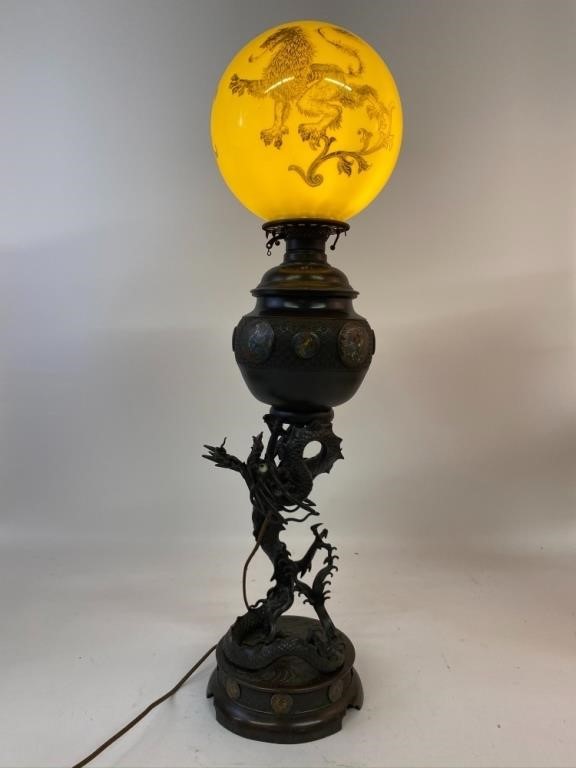 Asian bronze oil lamp electrified
34"h