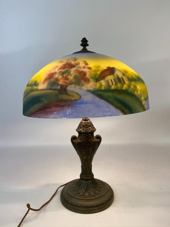 Metal table lamp with reverse painted