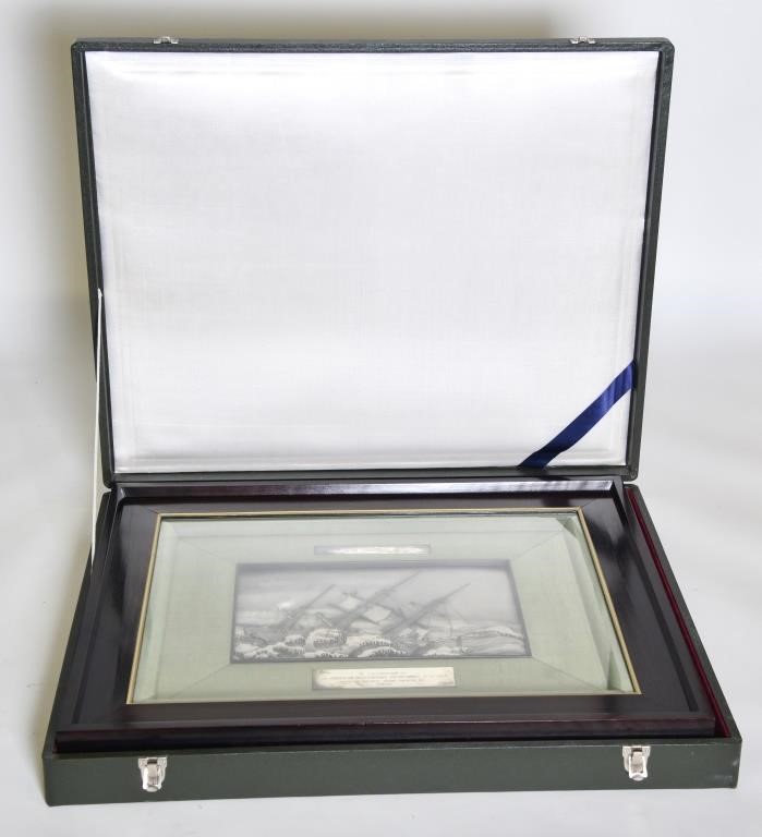 Cased and framed 970 silver ship 28b971