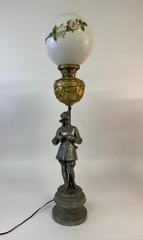 Spelter metal figure lamp with brass