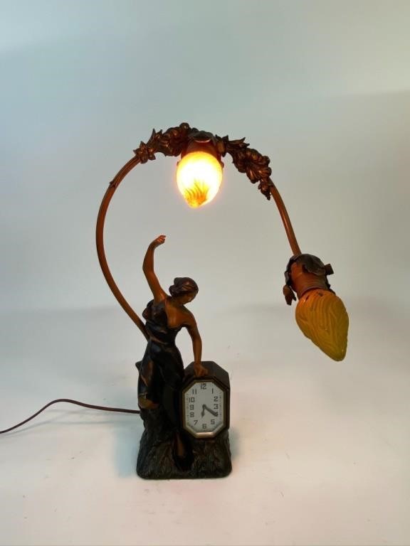 Spelter metal Art Deco clock lamp 18 5 h 28b993