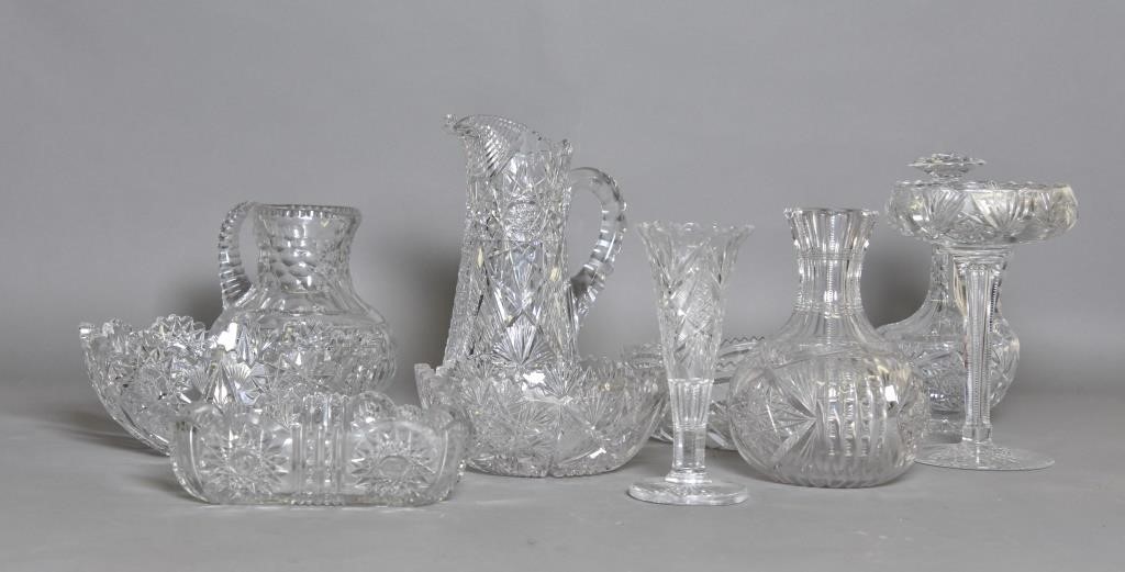 Ten pieces of cut glass tableware including