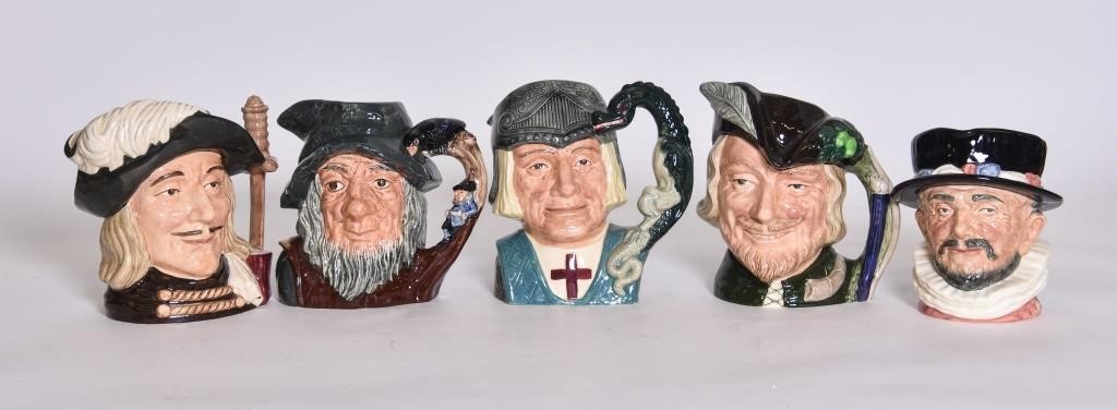 Five Royal Doulton character mugs, each