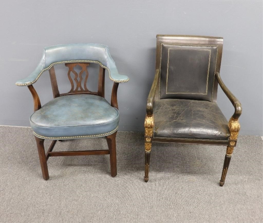 Two leather chairs one labeled 28bb4a