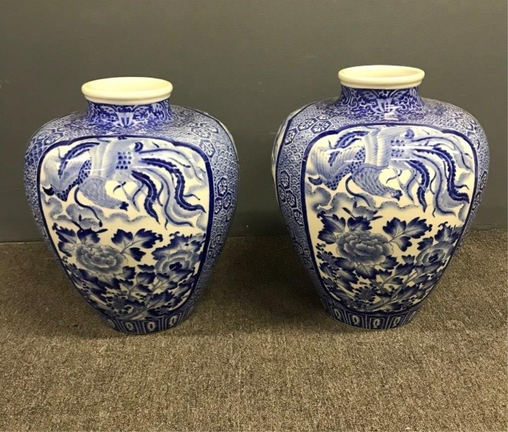 Large pair of blue and white Asian vases