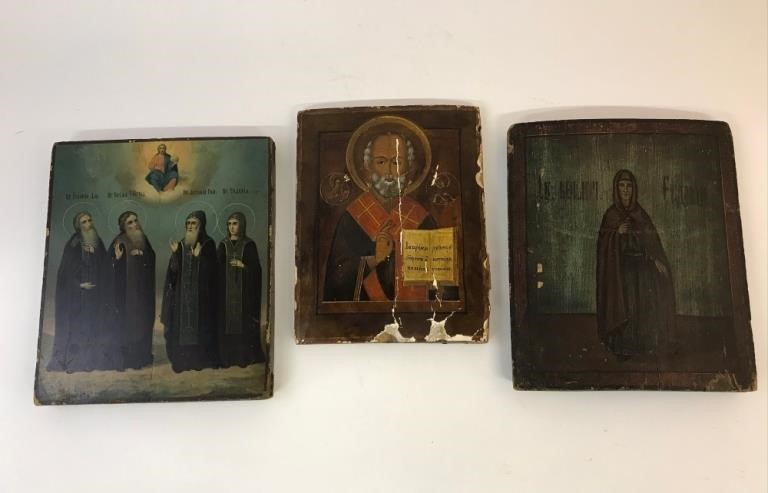 Three painted on wood Russian icons,