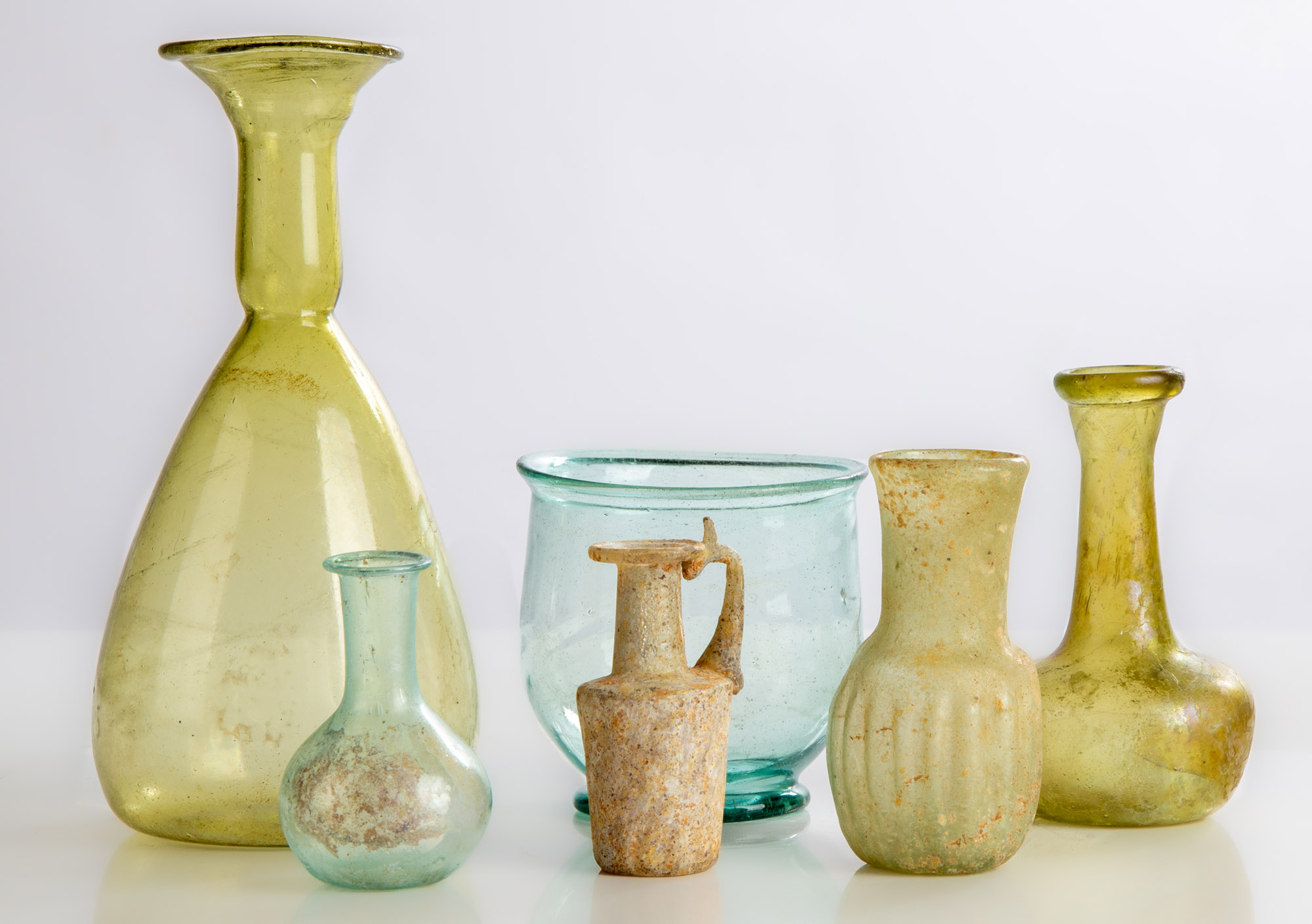 (6) ANCIENT GLASS BOTTLES FLASKS