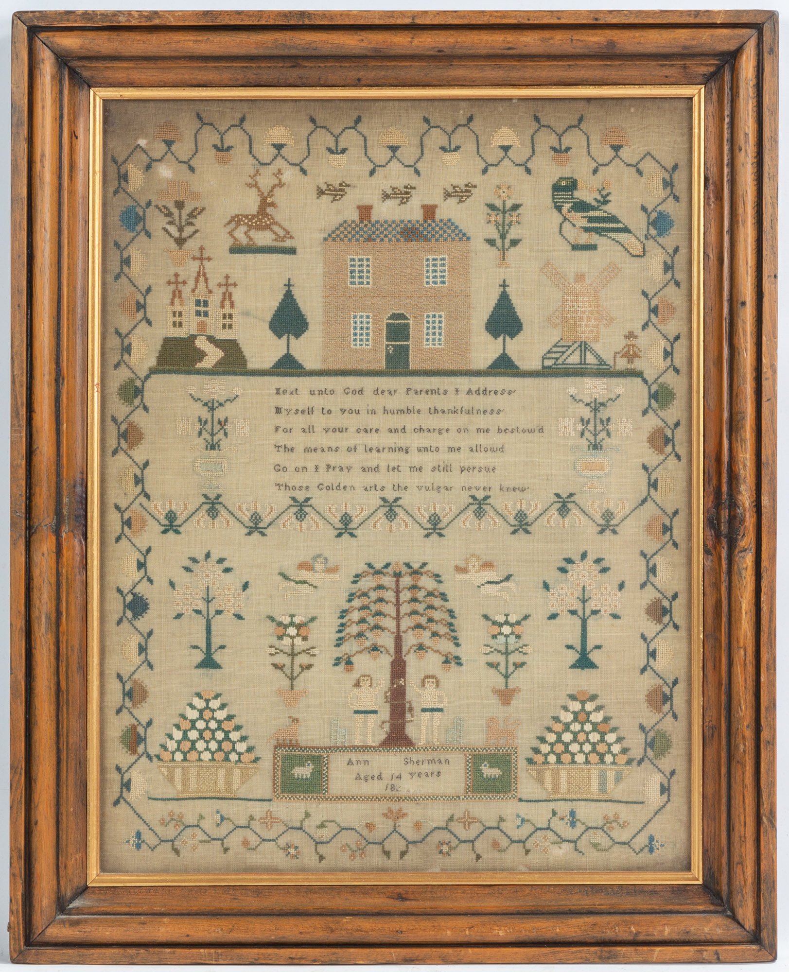 1820 S SAMPLER Needlework on silk  28bcdb