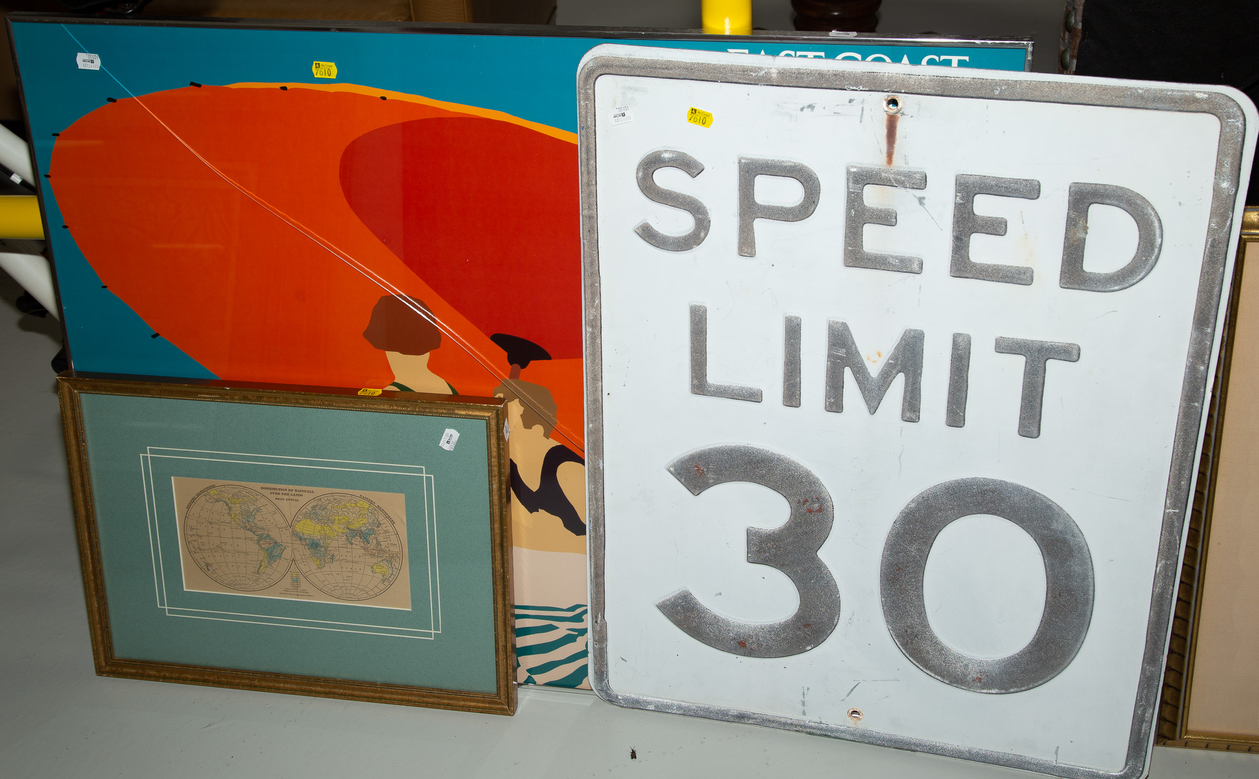 TWO FRAMED ART WORKS & SPEED LIMIT