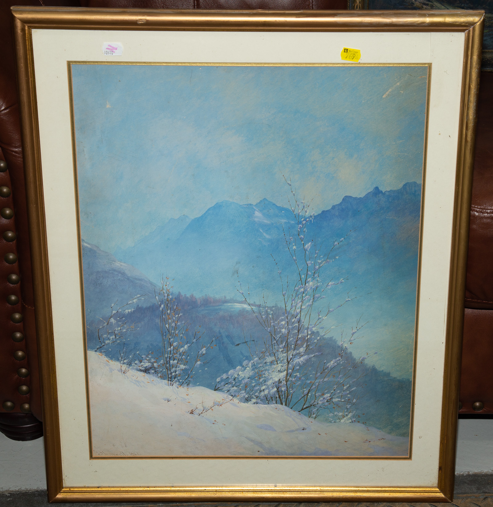 FRAMED WATERCOLOR SNOWSCAPE Signed 28982e