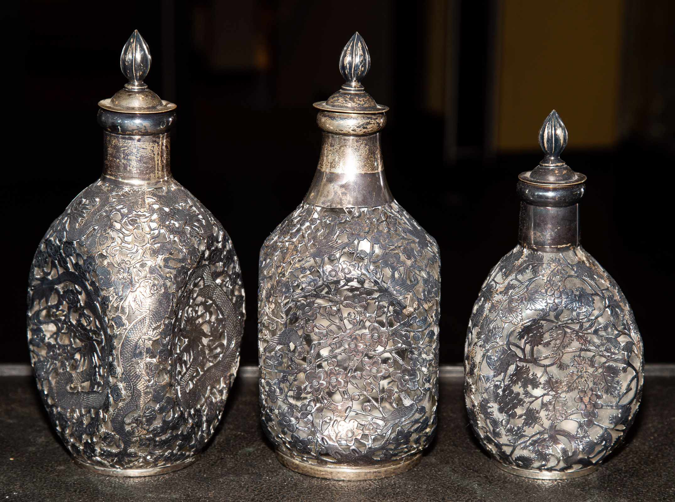 THREE CHINESE SILVER OVERLAY DECANTERS 289ab3