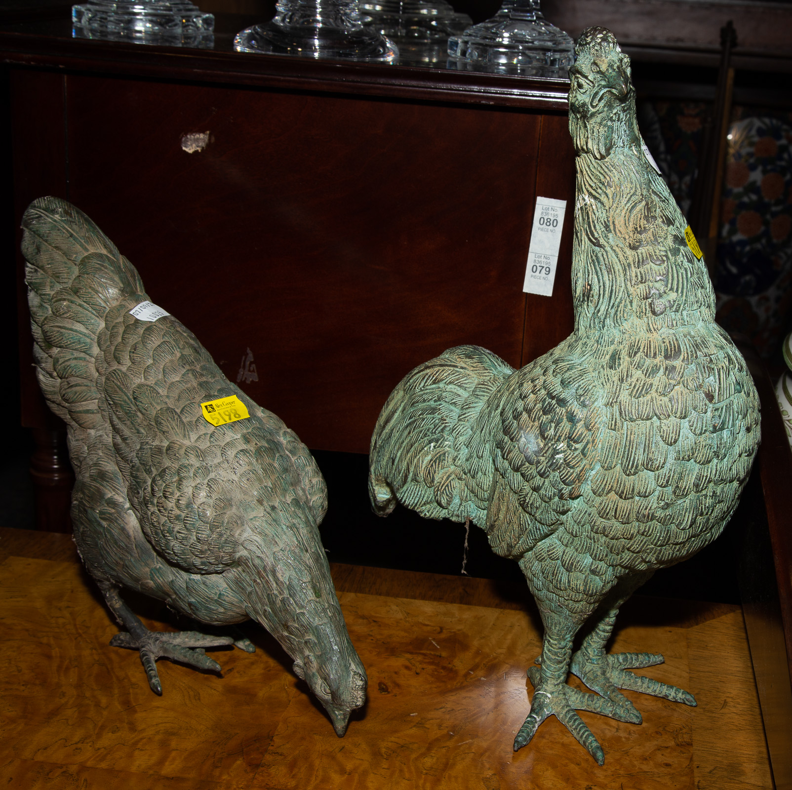 TWO PATINATED BRONZE CHICKENS Late 289c55