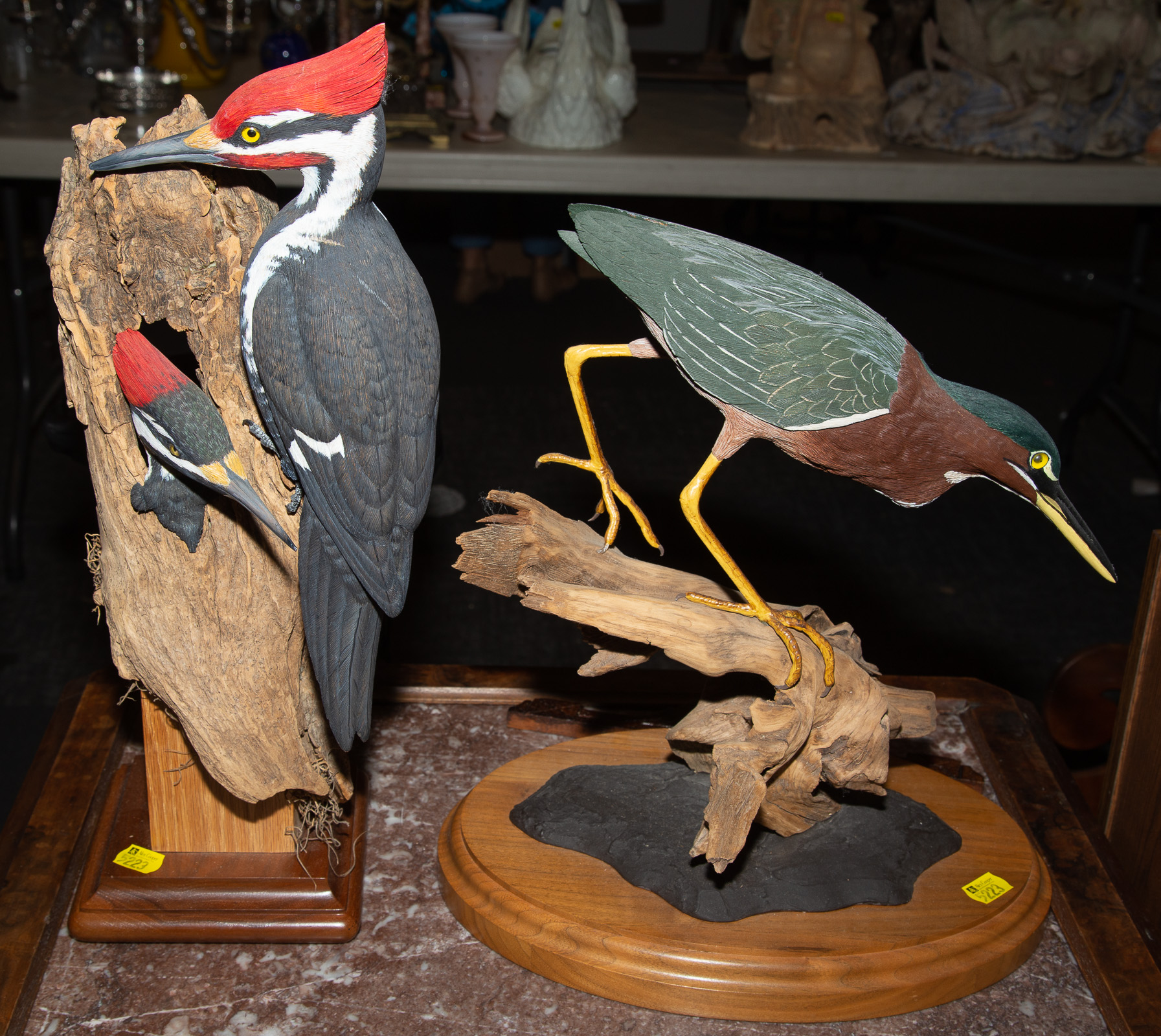 TWO SIGNED CARVED WOOD BIRD FIGURES