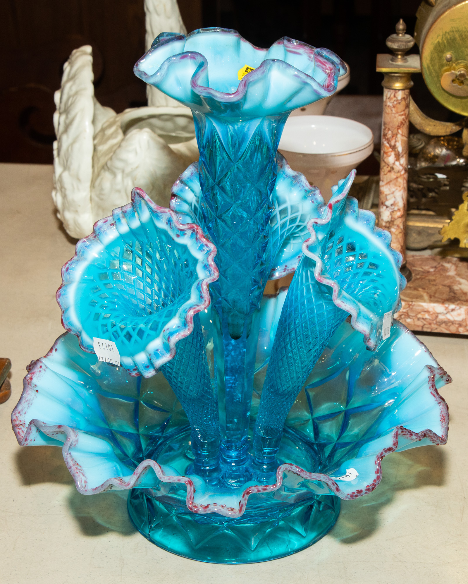 BLUE OPALESCENT GLASS EPERGNE Early 289c98