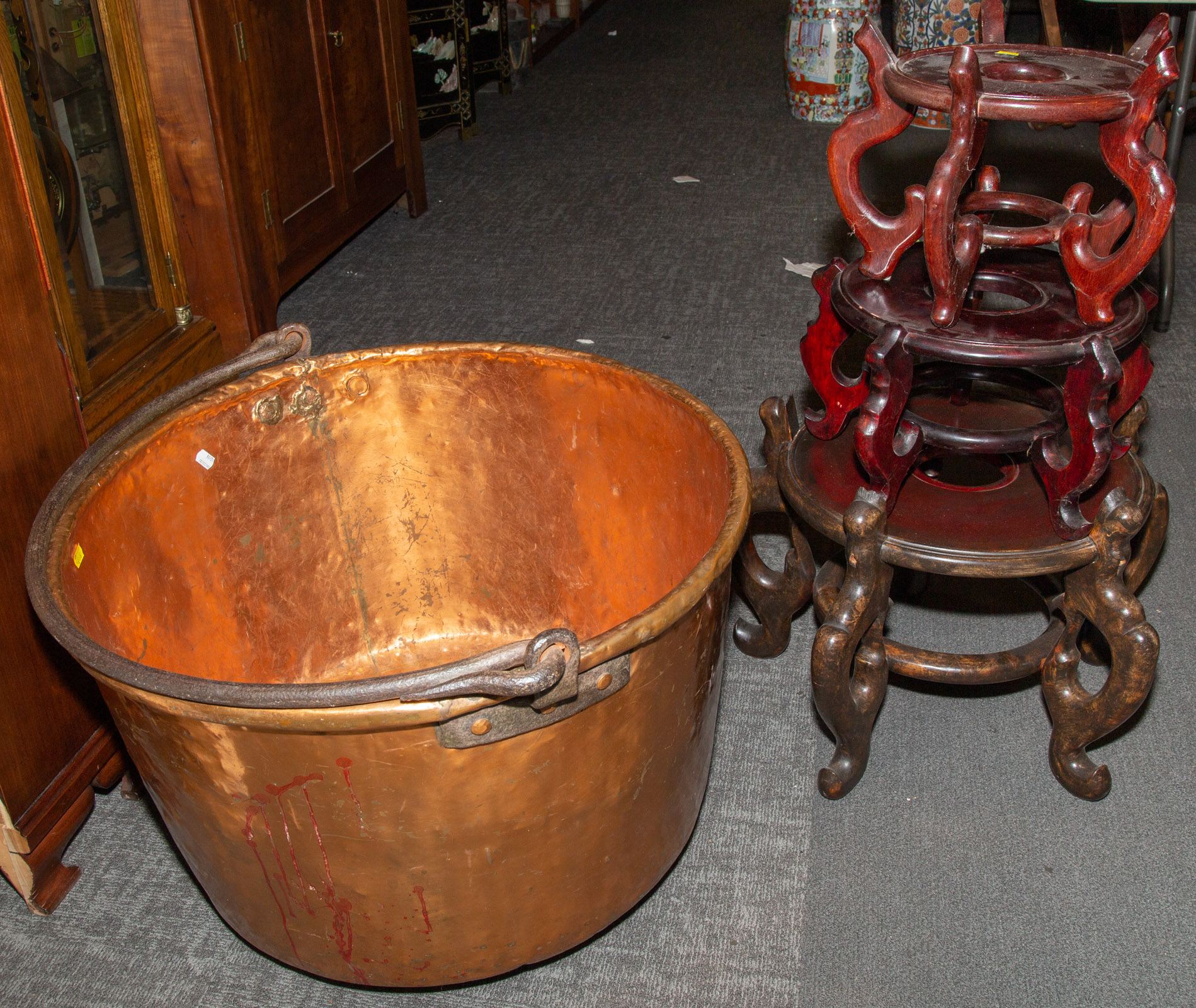 LARGE COPPER CAULDRON; THREE CHINESE