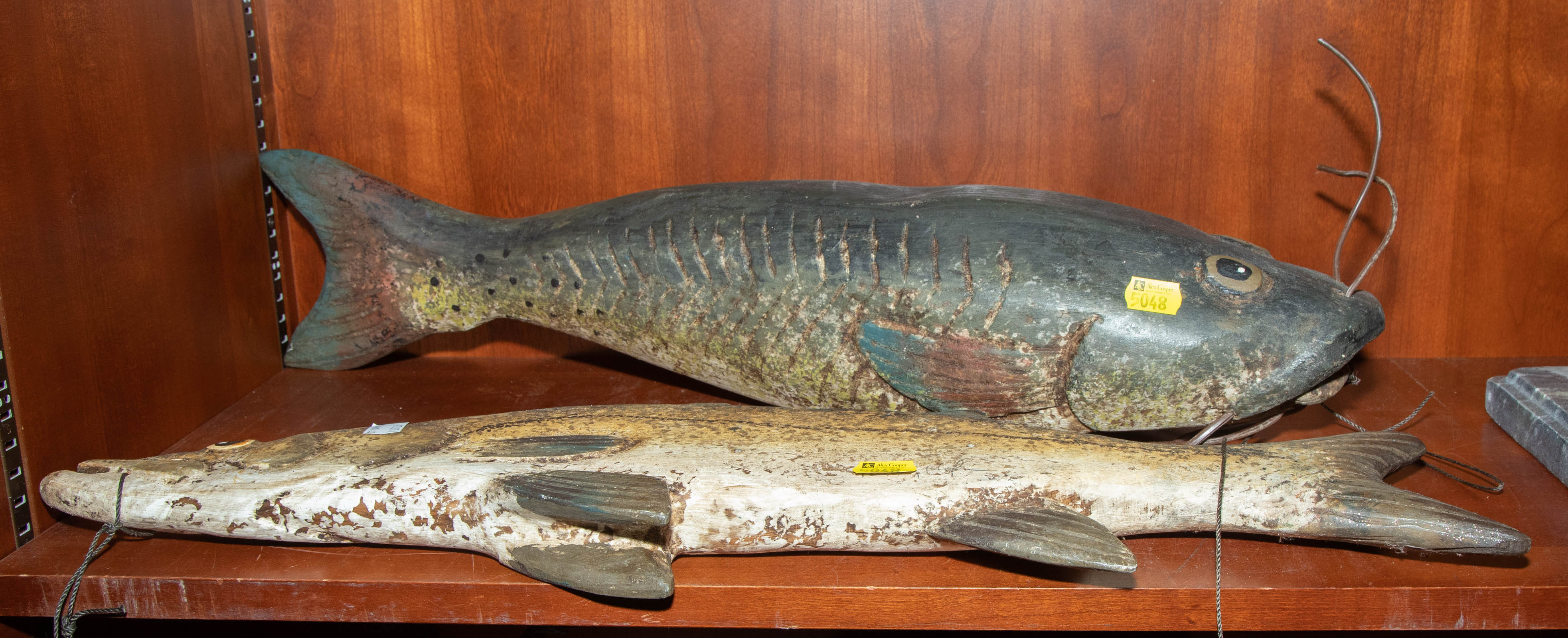 TWO FOLK ART CARVED WOODEN FISH 289cc1