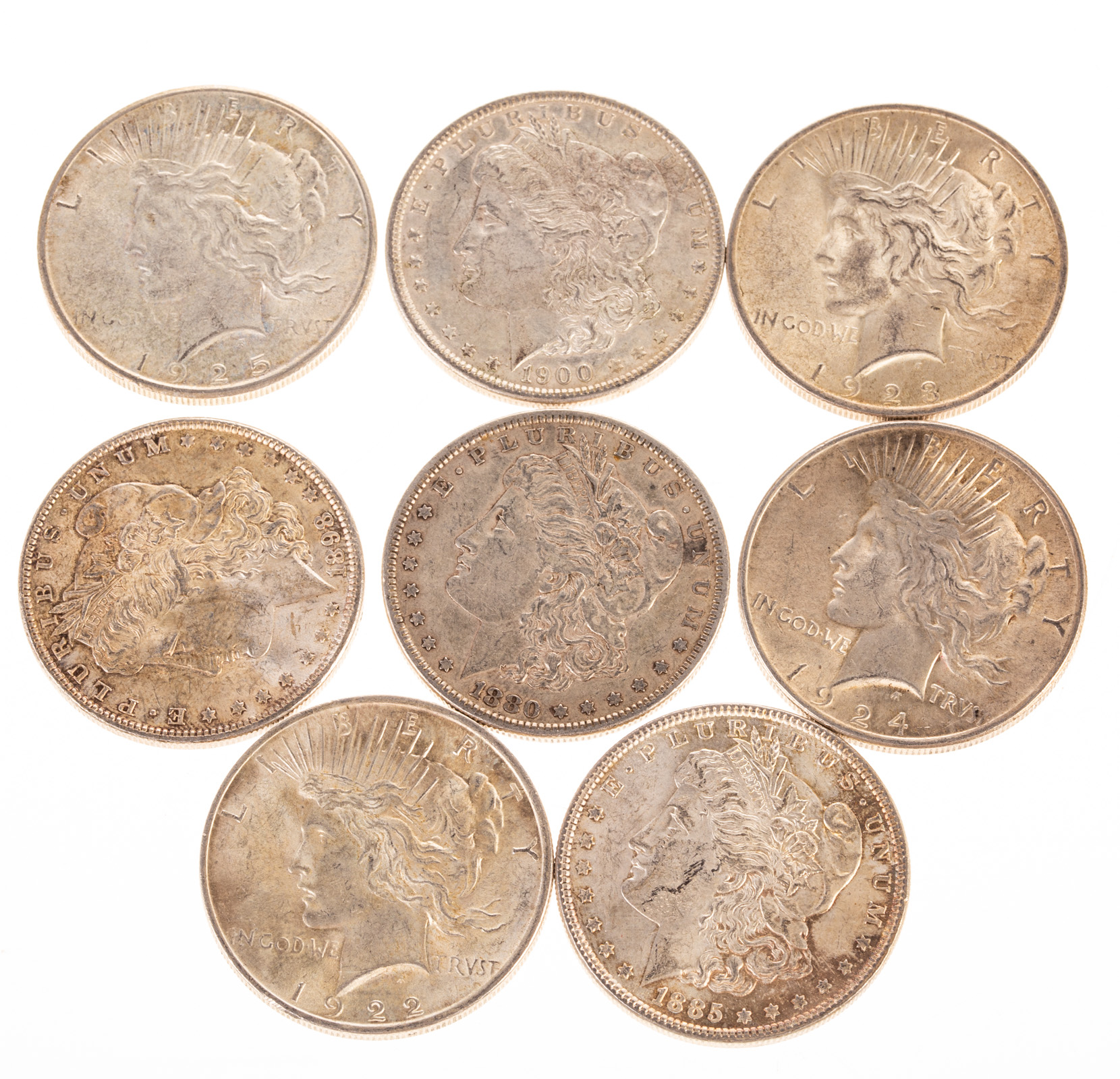 8 DIFFERENT SILVER DOLLARS, 4 MORGAN