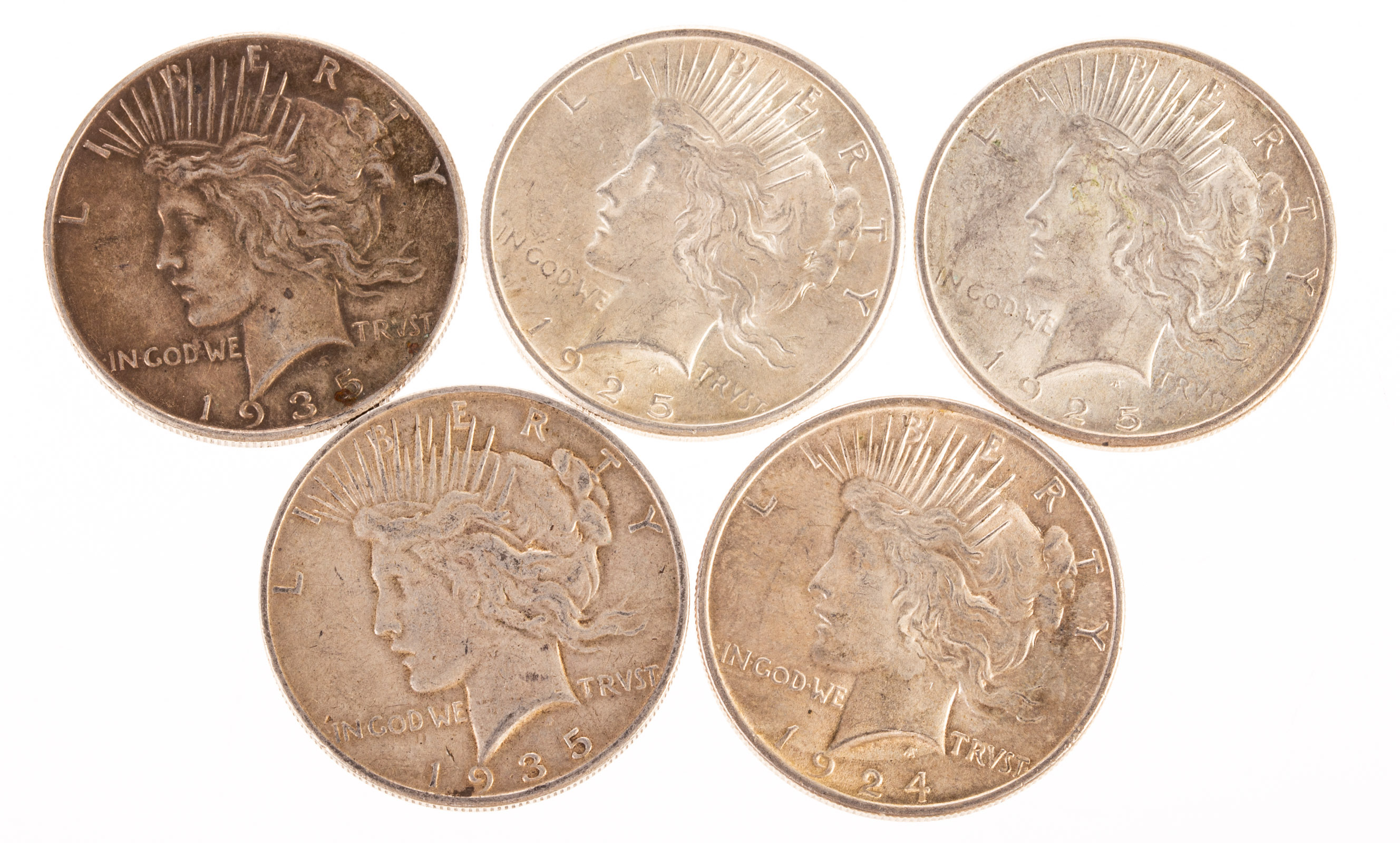 FIVE BETTER PEACE DOLLARS 1924 AU, 2-1925