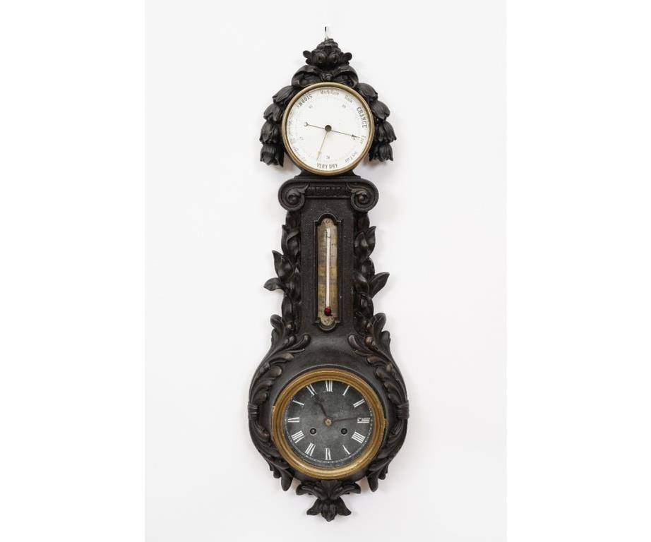 Cast iron English wall clock, barometer