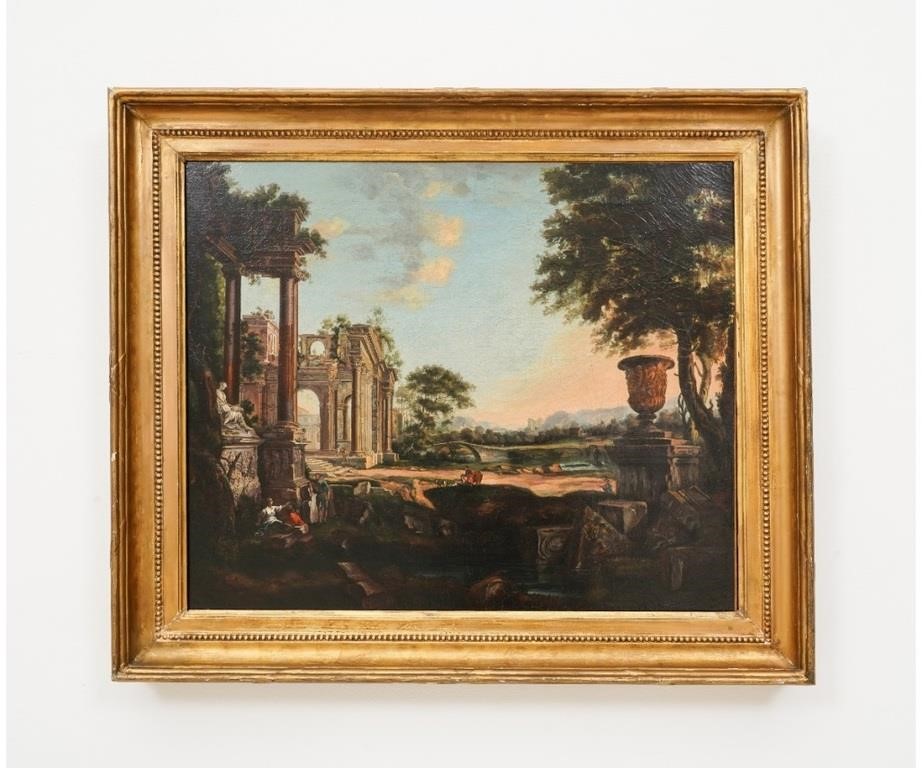 Oil on canvas landscape with classical