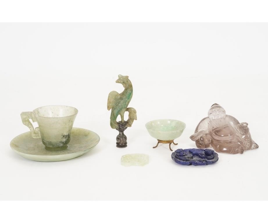Crystal Buddha, green jade cup/saucer,