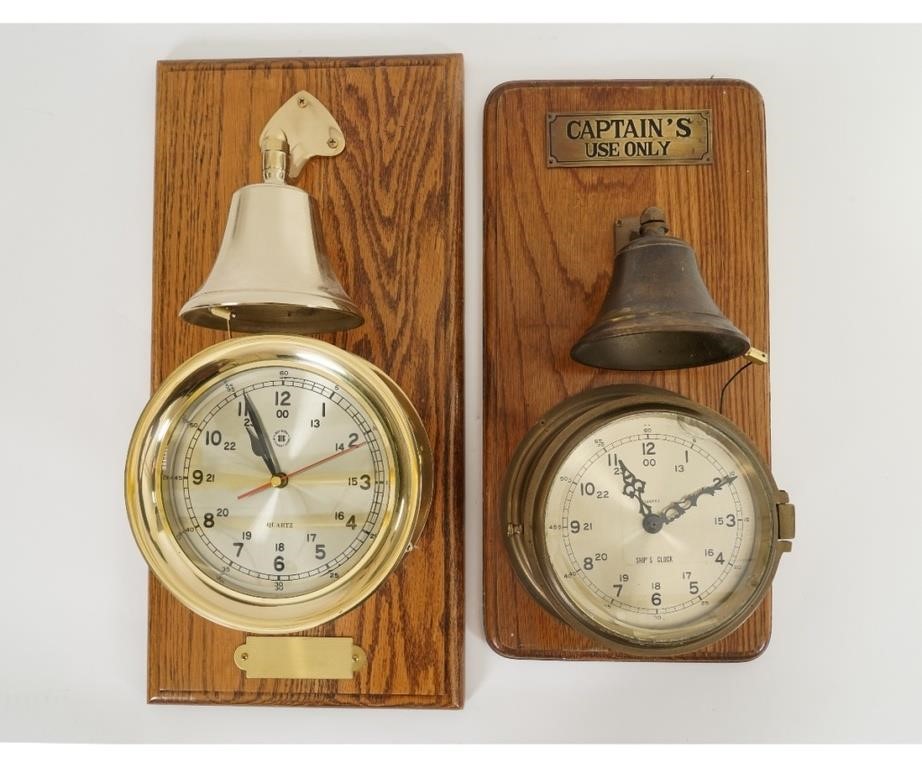 Two oak mounted ships clocks, both