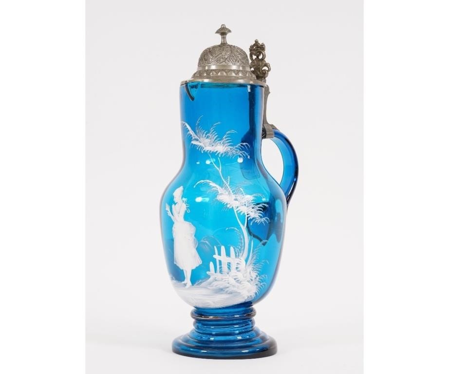 Large blue Mary Gregory glass pitcher