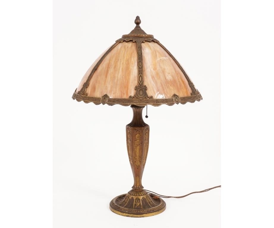 Slag glass lamp with faux bronze