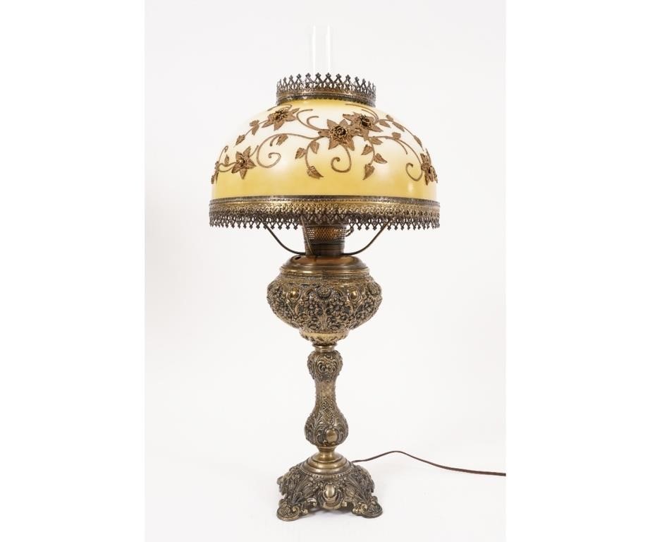 Faux bronze table lamp with yellow